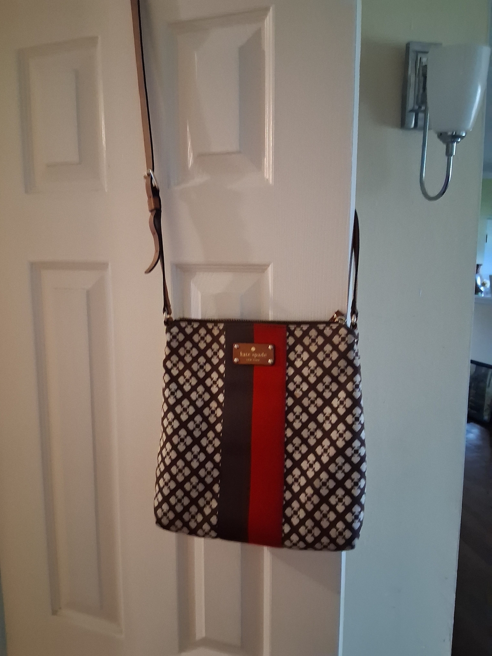 Kate Spade Women Victoria Classic Brown Patterned Crossbody Bag with Red Stripe
